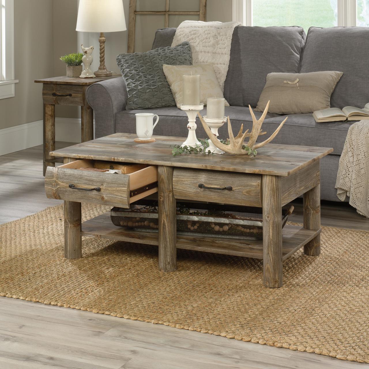 Coffee Table Rustic Farmhouse Storage Faux Drawer Wood Log Living Room ... Farmhouse coffee table and storage furniture