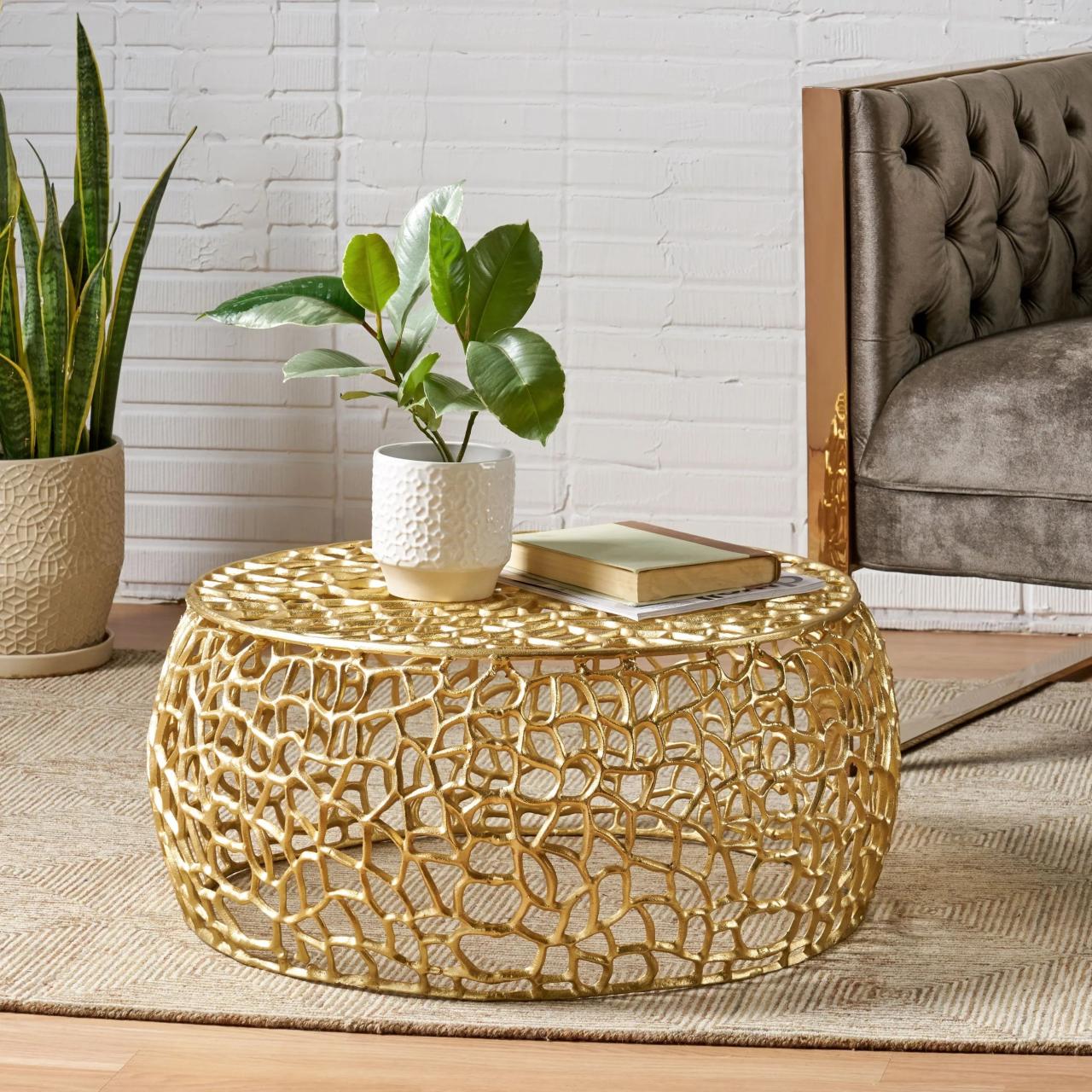 Modern Aluminum Mesh Coffee Table, Gold - NH123013 – NobleHouseFurniture Golden accent coffee table furniture for glam