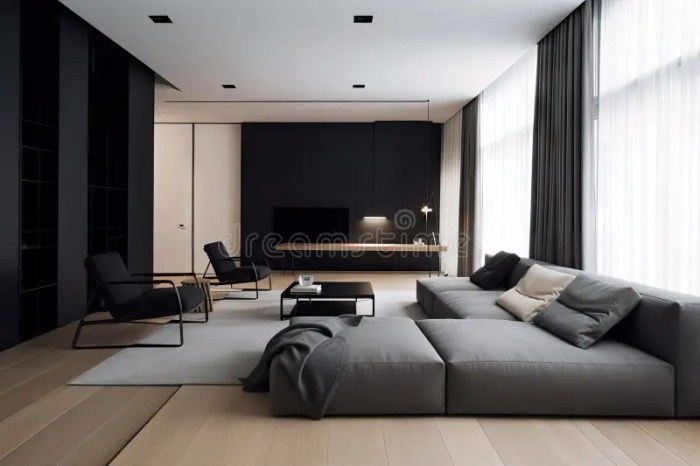 Minimalist Home with Modern, Sleek Furniture and Minimalist Decor Stock ... Sleek black living room furniture for minimalists
