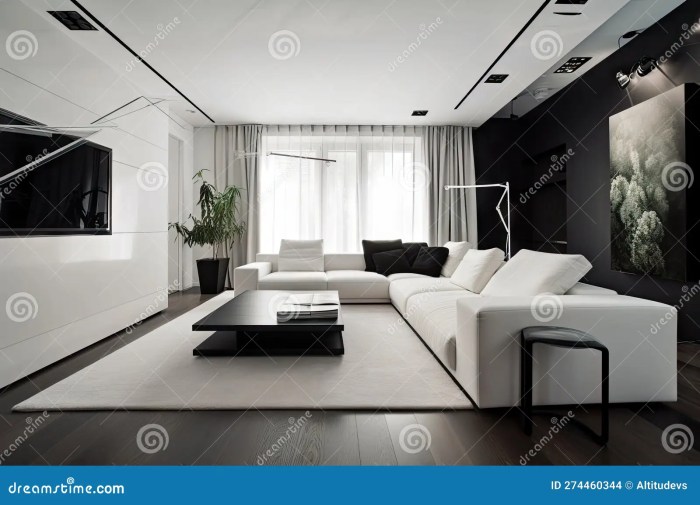 Minimalist Living Room with Sleek White Sofa and Black Coffee Table ... Sleek black living room furniture for minimalists